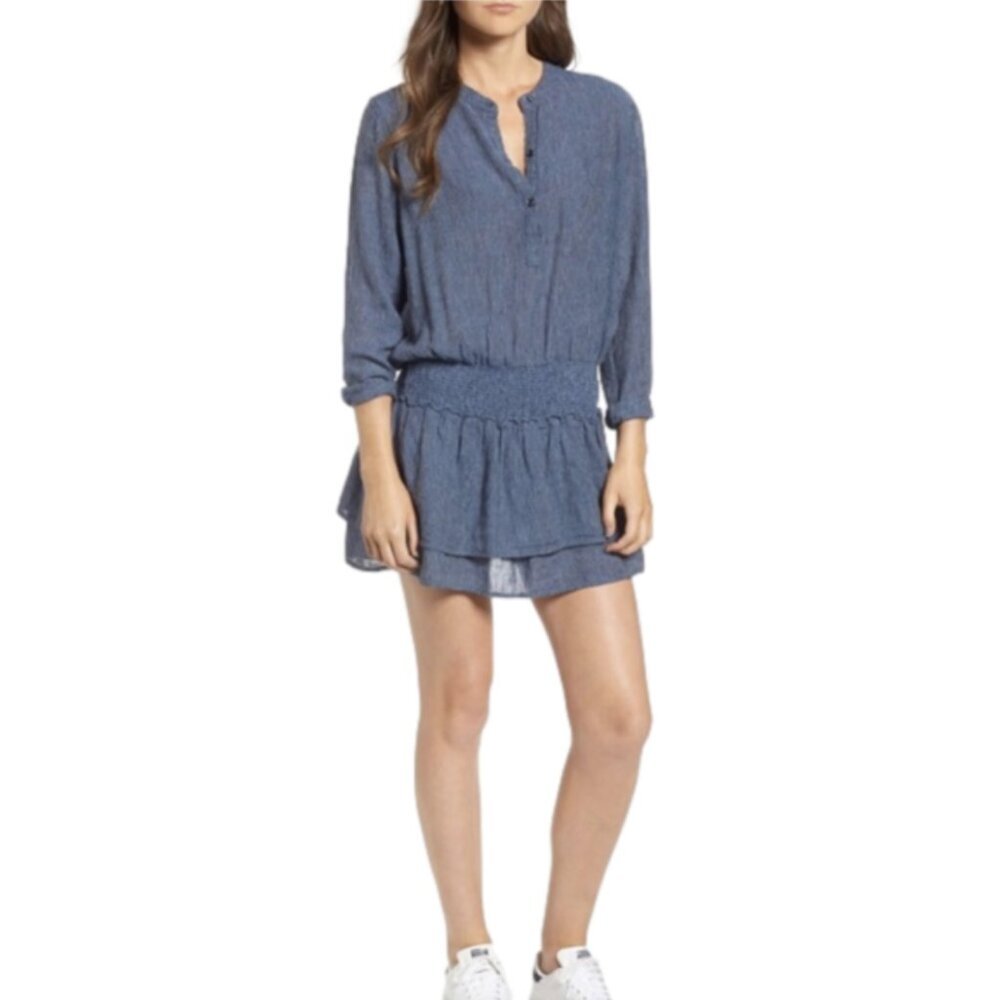 RAILS Juliette Salem Stripe Blue Linen Blend Tunic Mini Ruffle Dress - Size M